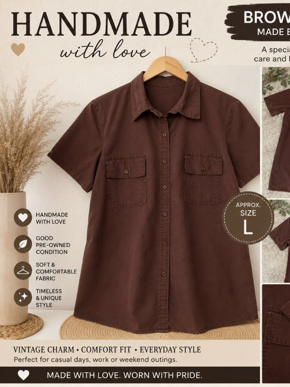 Handmade Vintage Brown Button-Up Blouse | Approx. Size Large | Made by My Nana